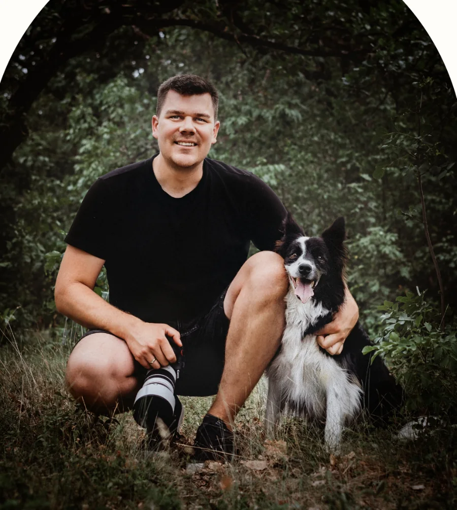 Nemes Laci fotós a border collie kutyájával, Vacakkal